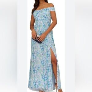 NEW Adrianna Papell Floral Off-Shoulder Maxi Dress watercolor light Blue & Green